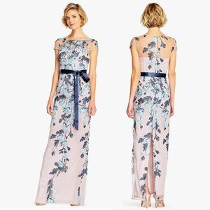 Adrianna Papell Floral Embroidered Dress in Blue and Pink